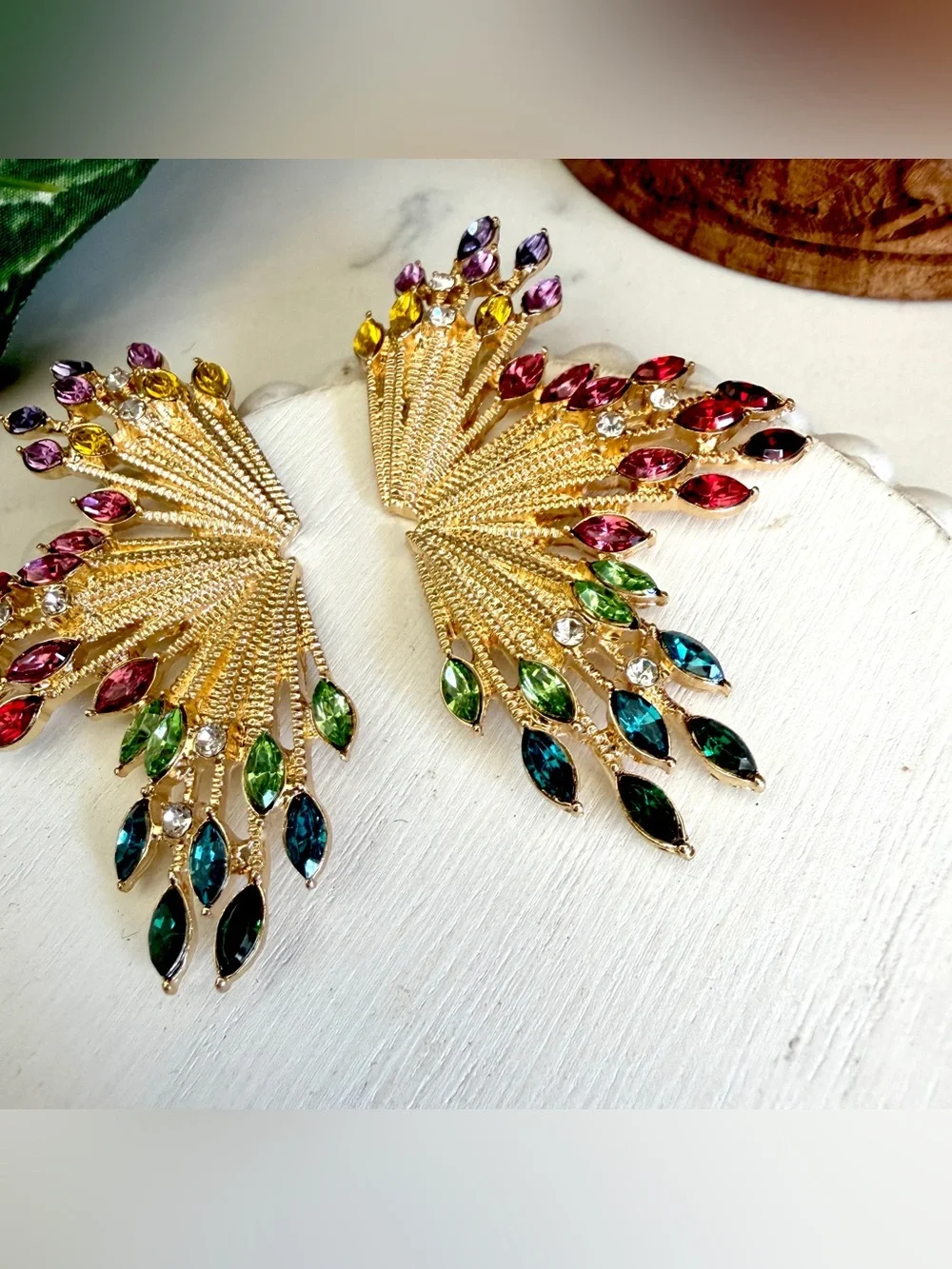 Colorful Rhinestone Starburst Fan Gold Earrings Statement Jewelry Art Deco NEW